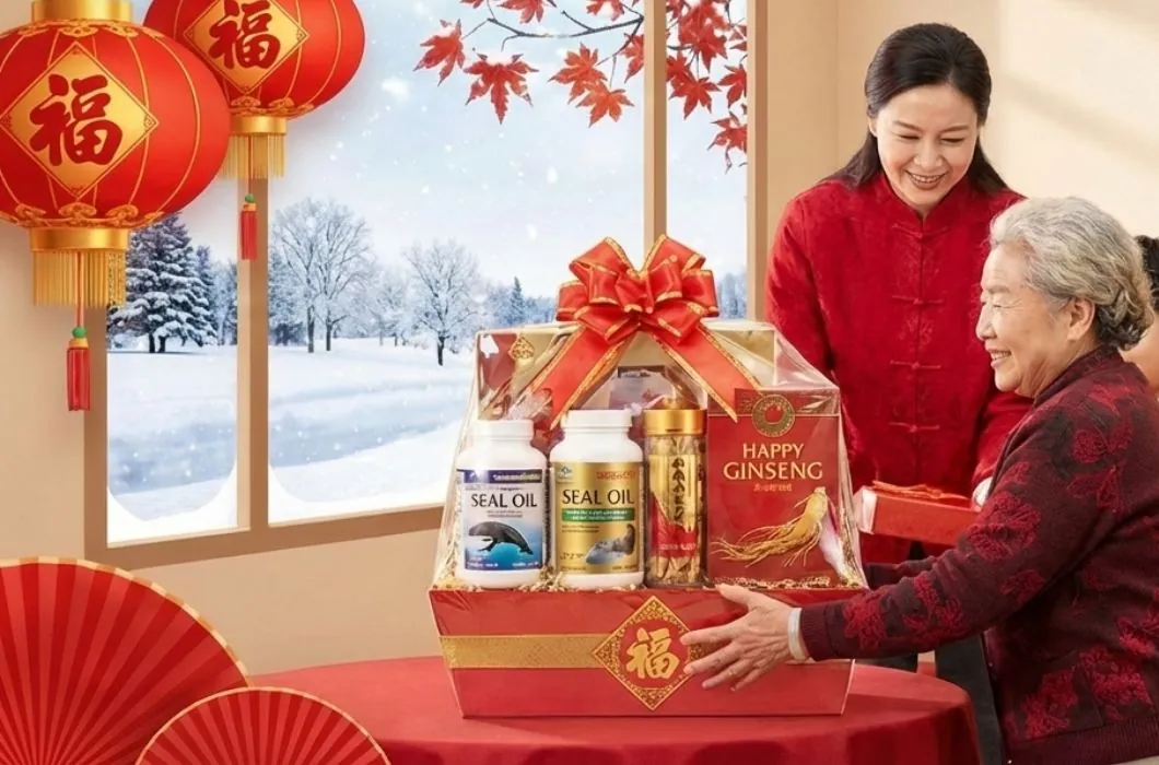 A family giving a Canadian health product gift basket at Lunar New Year